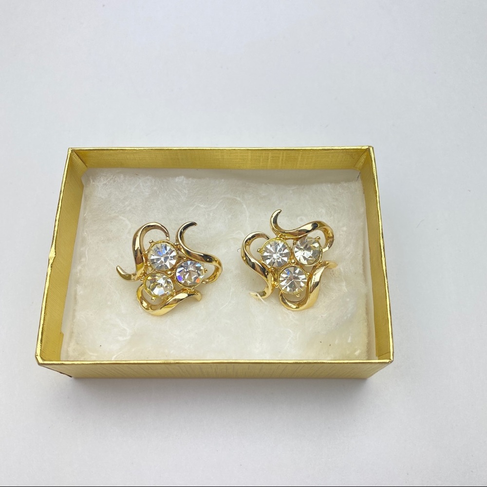 Vintage Coro Gold Tone & Rhinestone Clip Earrings